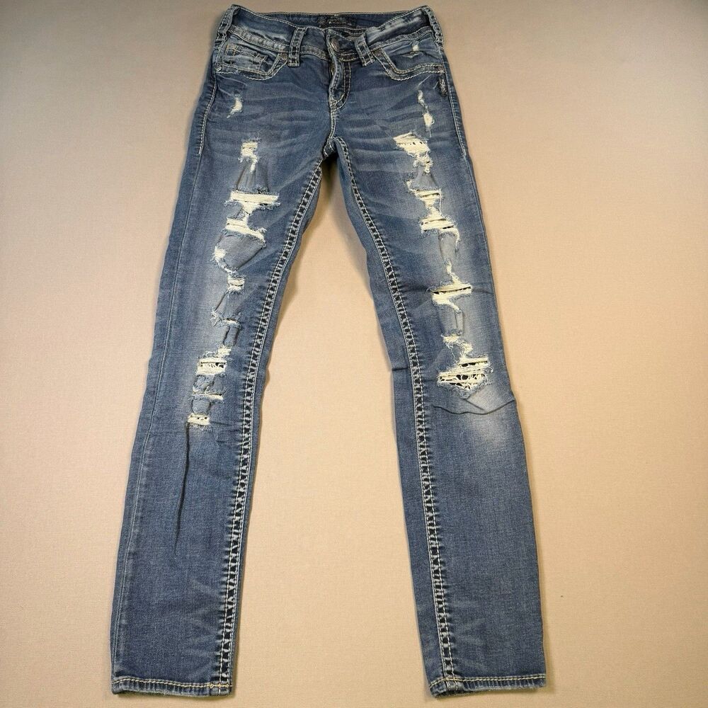 Silver Jeans Women's Size 26x31 Suki Midrise Skinny Distressed Blue Denim Pants